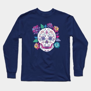 Mexican white skull day of the dead with flowers Long Sleeve T-Shirt